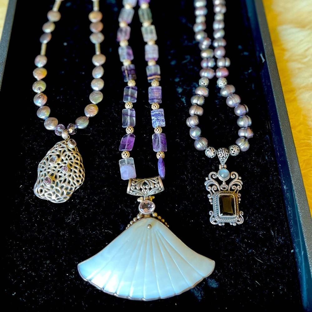 Set of 3 Artisan Necklaces-Mother of Pearl Fan Pendant SterlingSilver & Amethyst